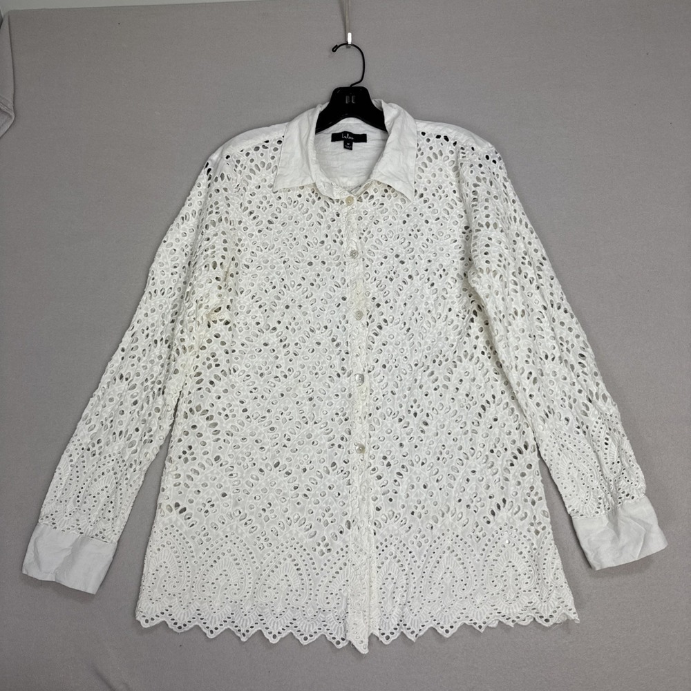 Lulus White Cotton Eyelet Lace Button Up Shirt Scalloped Hem Long‎ Sleeve Medium